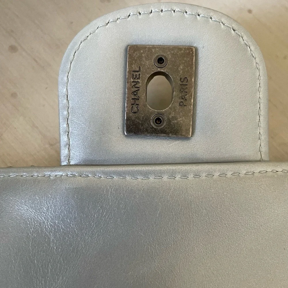 Chanel accordion bag gray light blue calfskin shoulder bag purse grey
